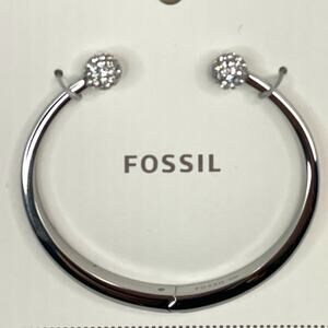 Fossil Stainless Steel Glitzy Ball Rhinestone Cuff Bracelet Silver Tone